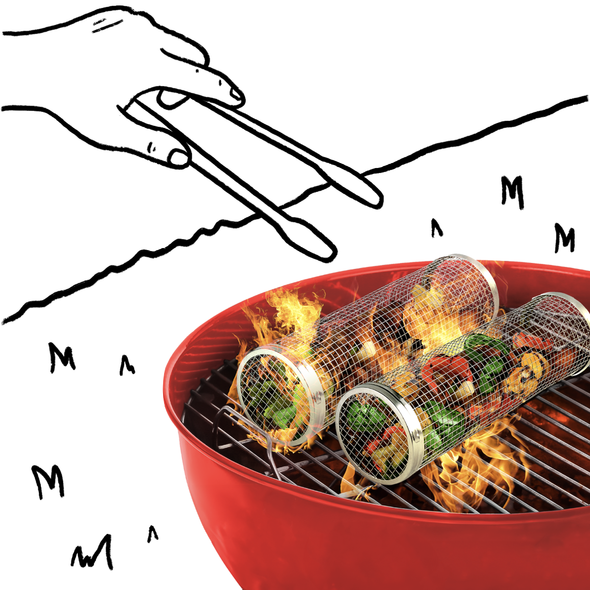 2 rolling bbq baskets on top of red grill with black line illustration of grassy background and hand holding tongs