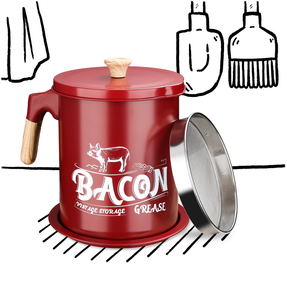 red bacon grease catcher with black line illustration as background