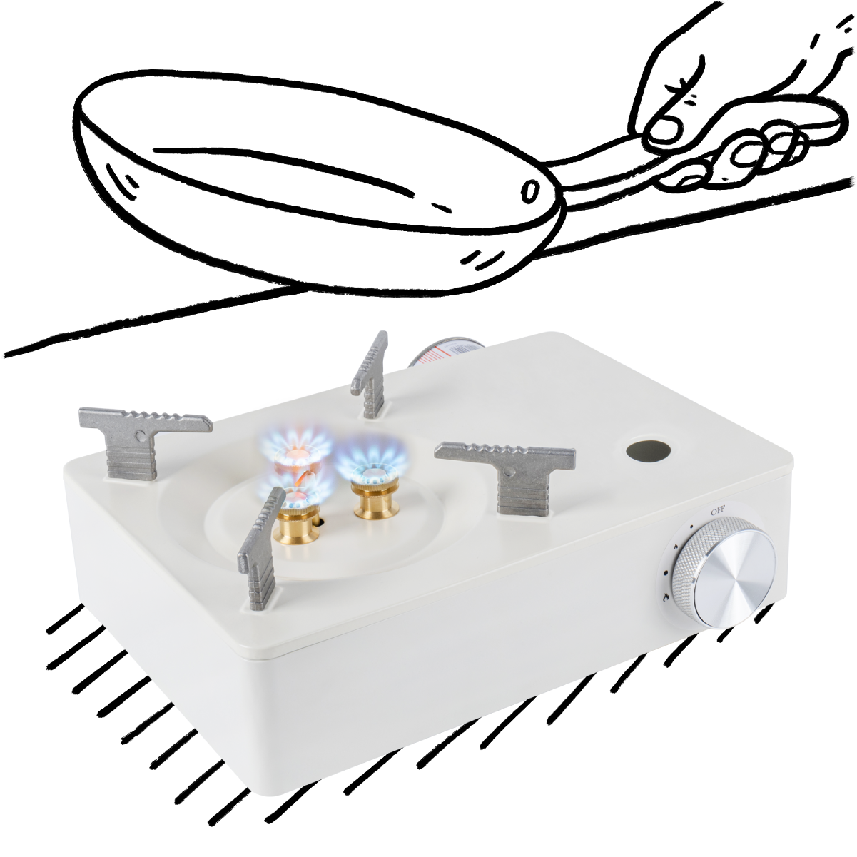 white camping stove with black line illustration of hand holding pan over the flame