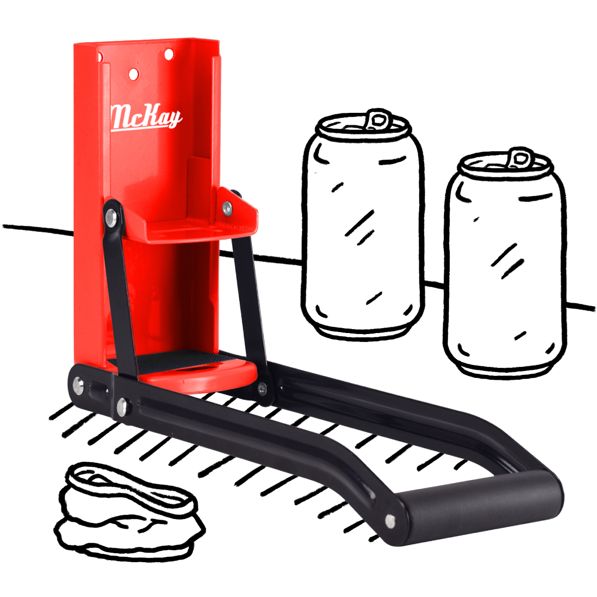 red can crusher with black line illustration of 2 soda cans and 1 crushed soda can