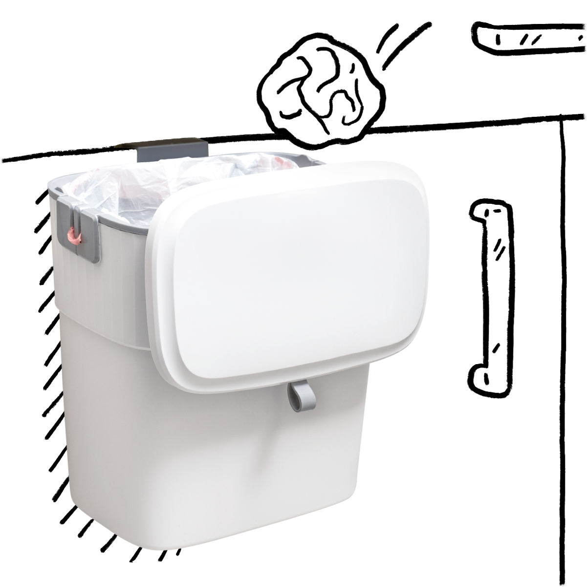 white hanging trash can with black line illustration of kitchen counter and paper ball being tossed into bin