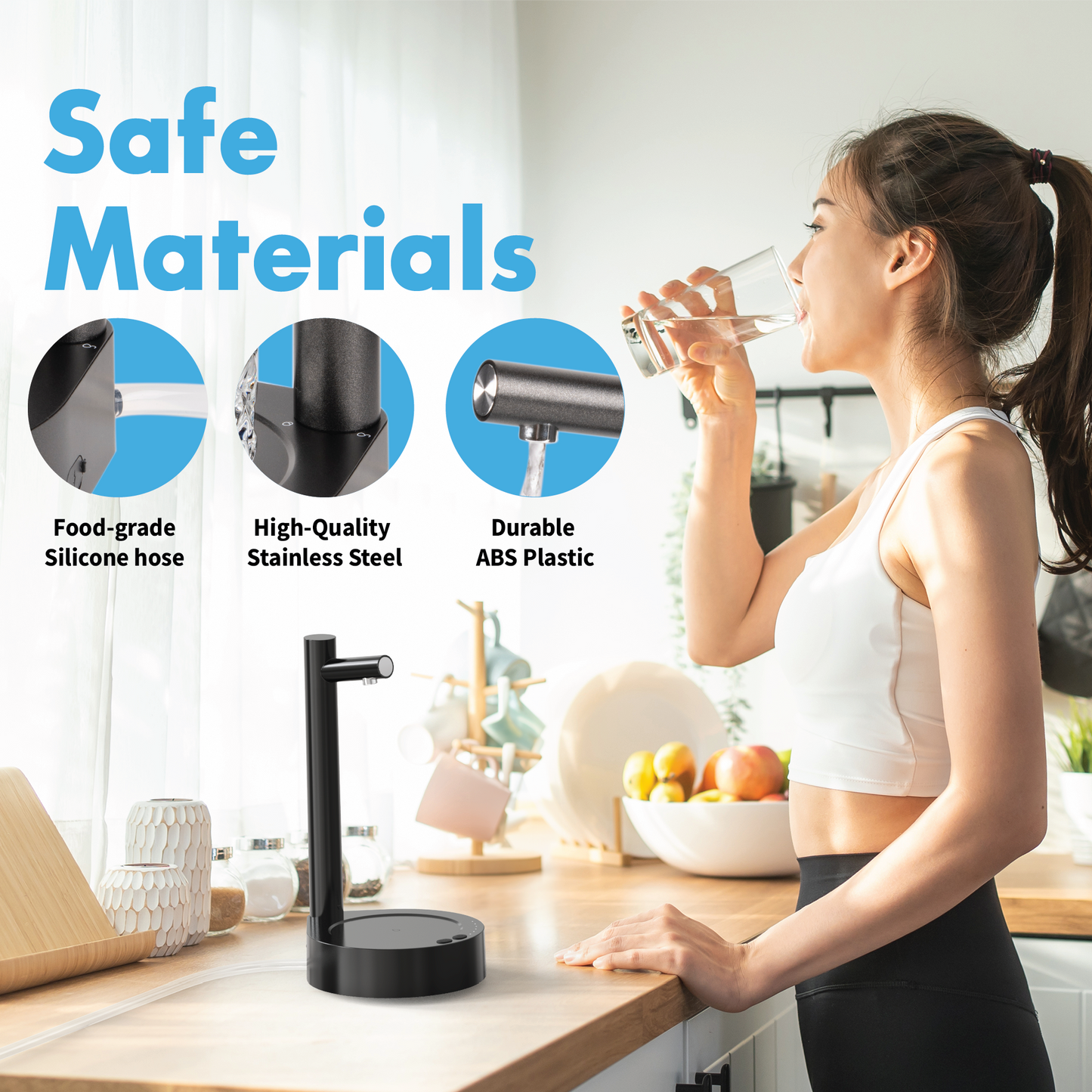 woman drink water dispensed from black water dispenser