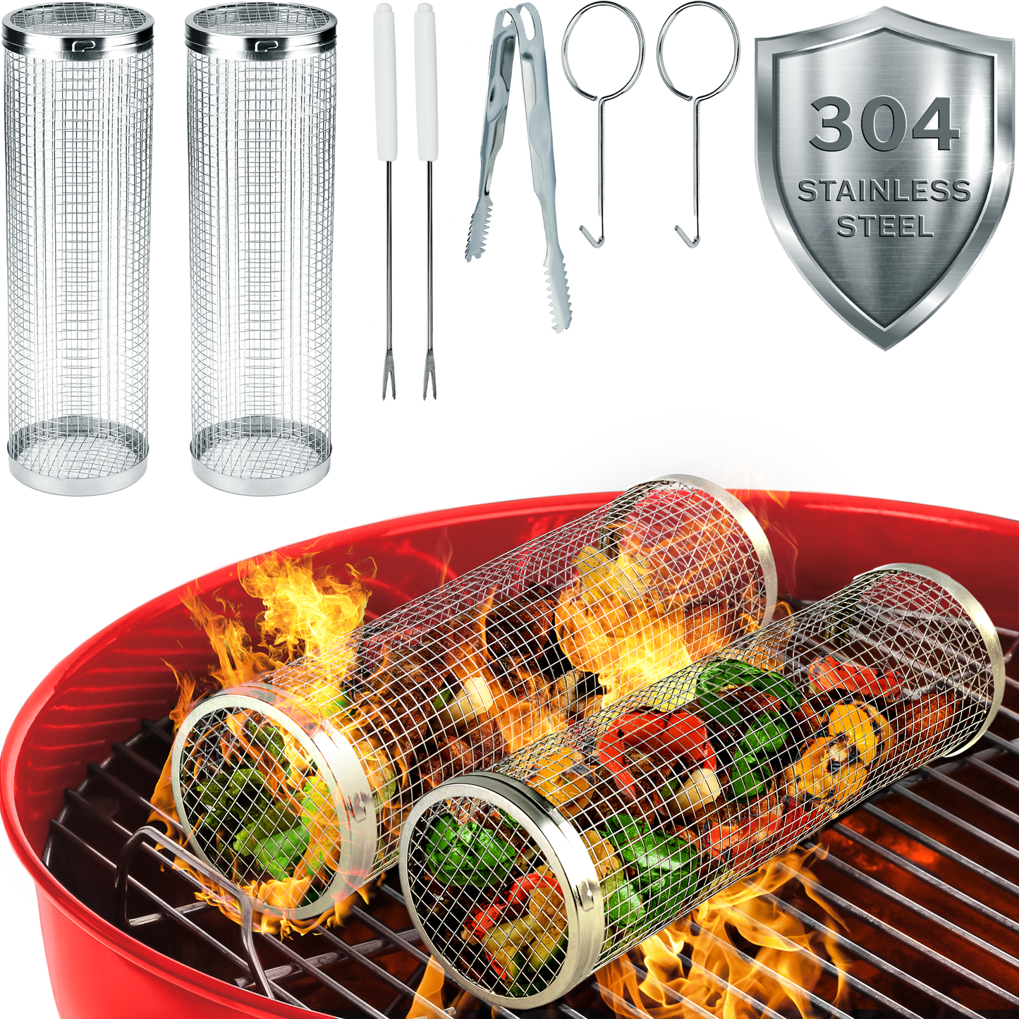 2 rolling bbq basket on top of red grill, featuring included forks, tongs, hooks, stainless steel shield label