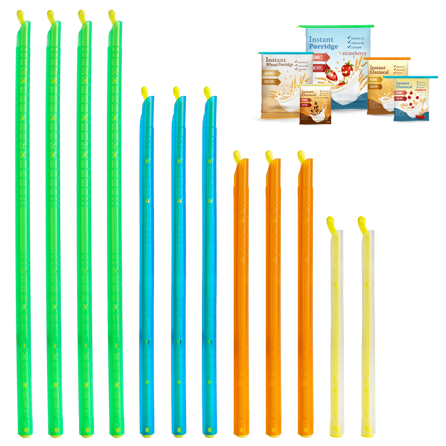 a group of colorful candles with text: 'Instant Vitamin Vitamin A Porridge YCalcium strawberry Instant Wheat Porridge vitamin LTHY Instant Vitamin A Oatmeal Calcium HEALTHY EALTHY Datmeal Vitamin th chocolat'