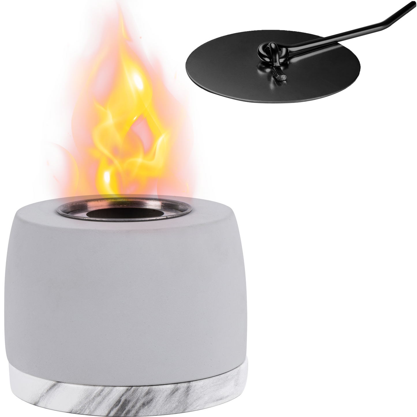tabletop fire pit, gray body and marble base with black fire extinguisher on top right corner