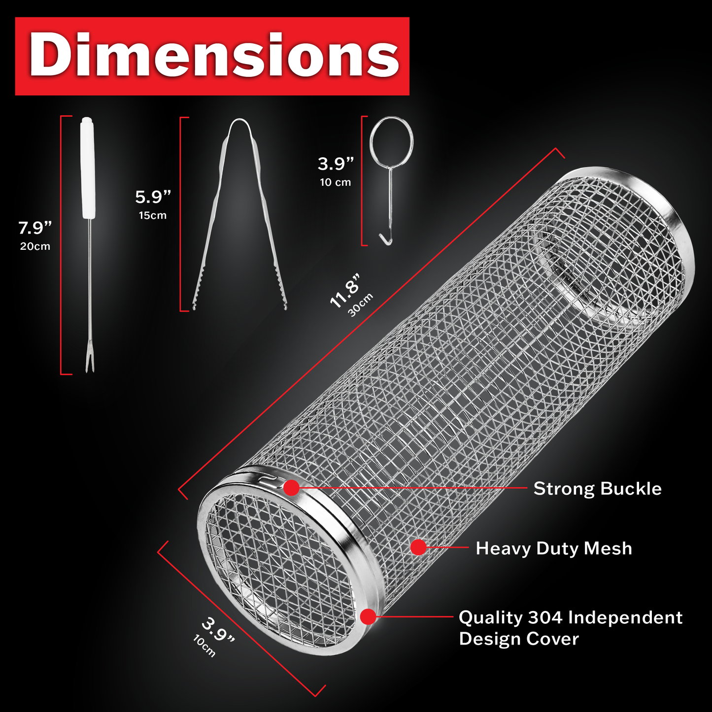 product dimension: fork 7.9", tongs 5.9", hook 3.9", rolling basket 11.8"x3.9"