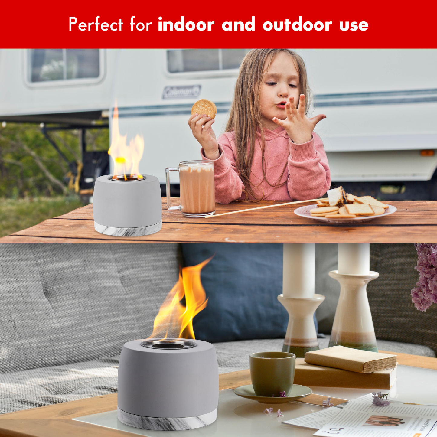 child making smores with fire pit on picnic table (top image), fire pit on coffee table