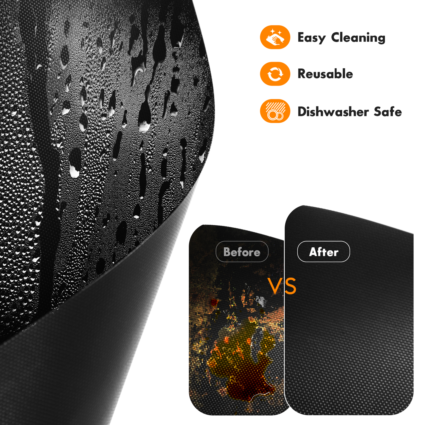 a close up of a black object with text: 'Easy Cleaning Reusable Dishwasher Safe Before After VS'