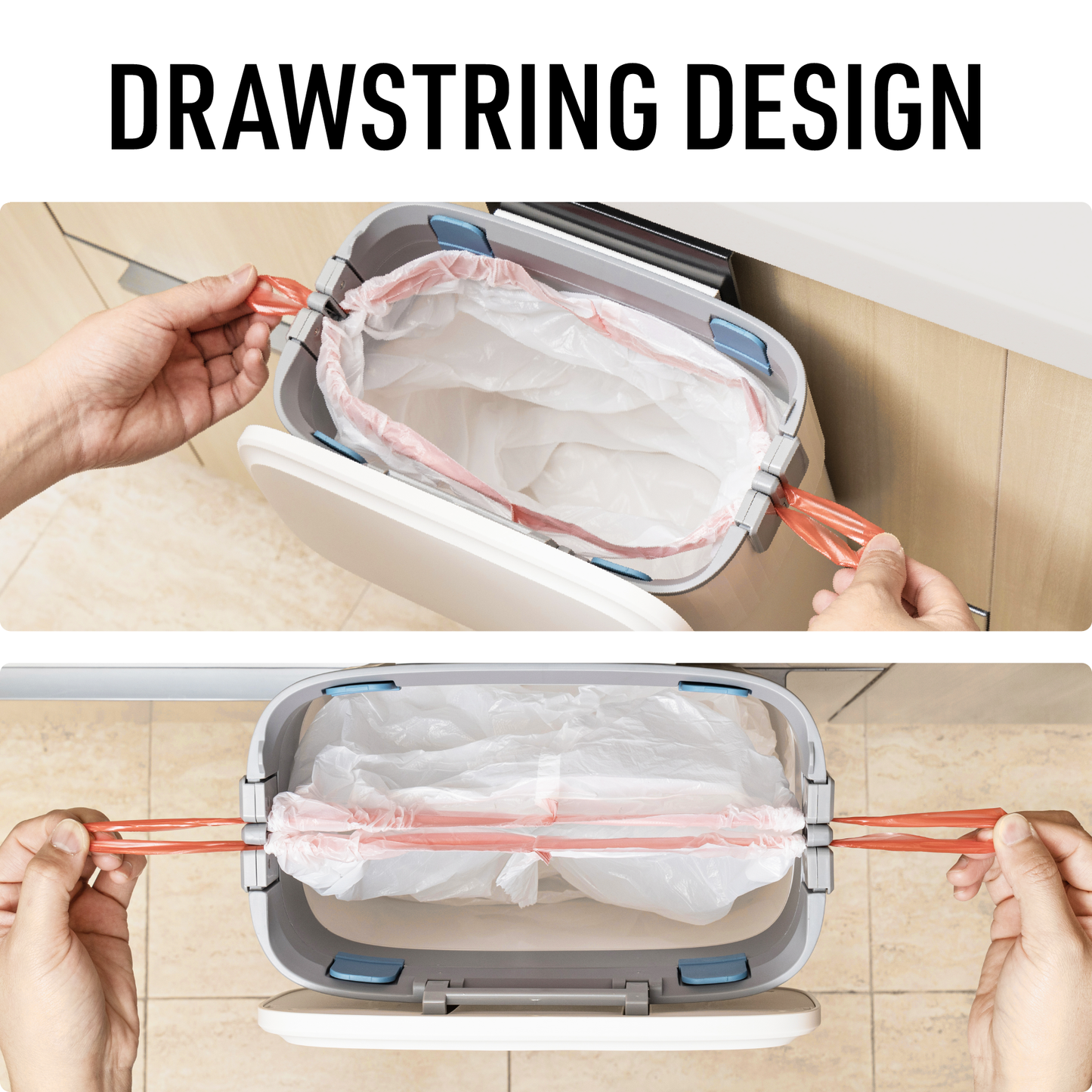 drawstring design inside of trash can