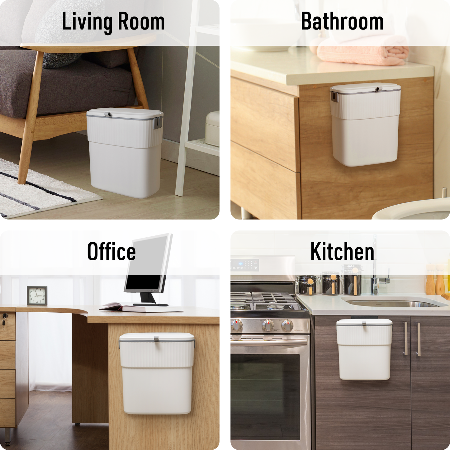 collage of trash can used in different spaces