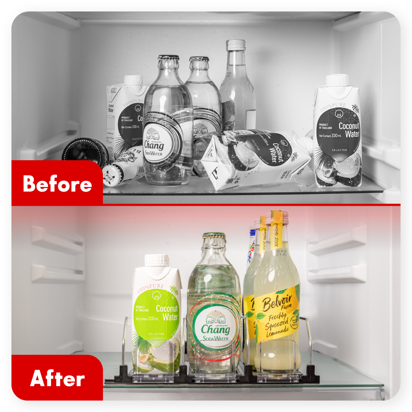 before (a messy fridge with drinks everywhere) and after images (a nice and neat fridge with drinks organized)