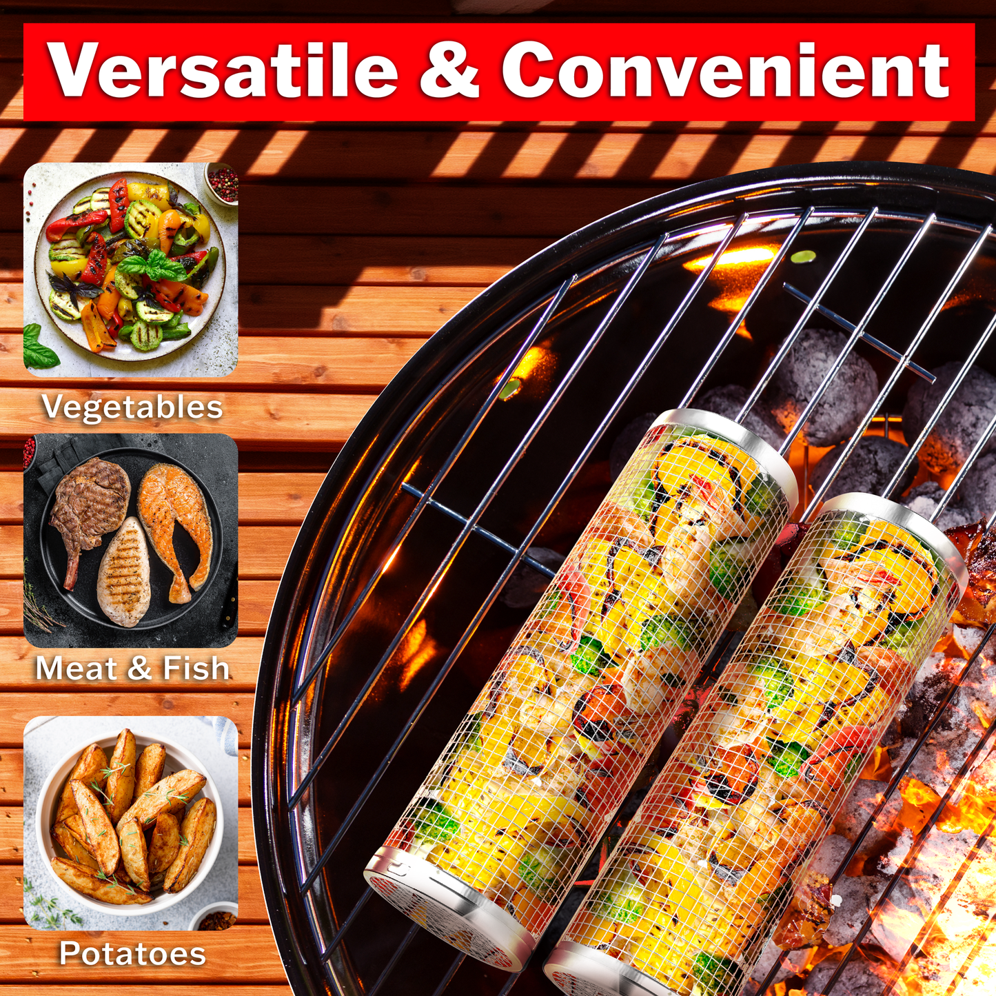 cooked vegetable, meat and fish, potatoes; text: versatile and convenient