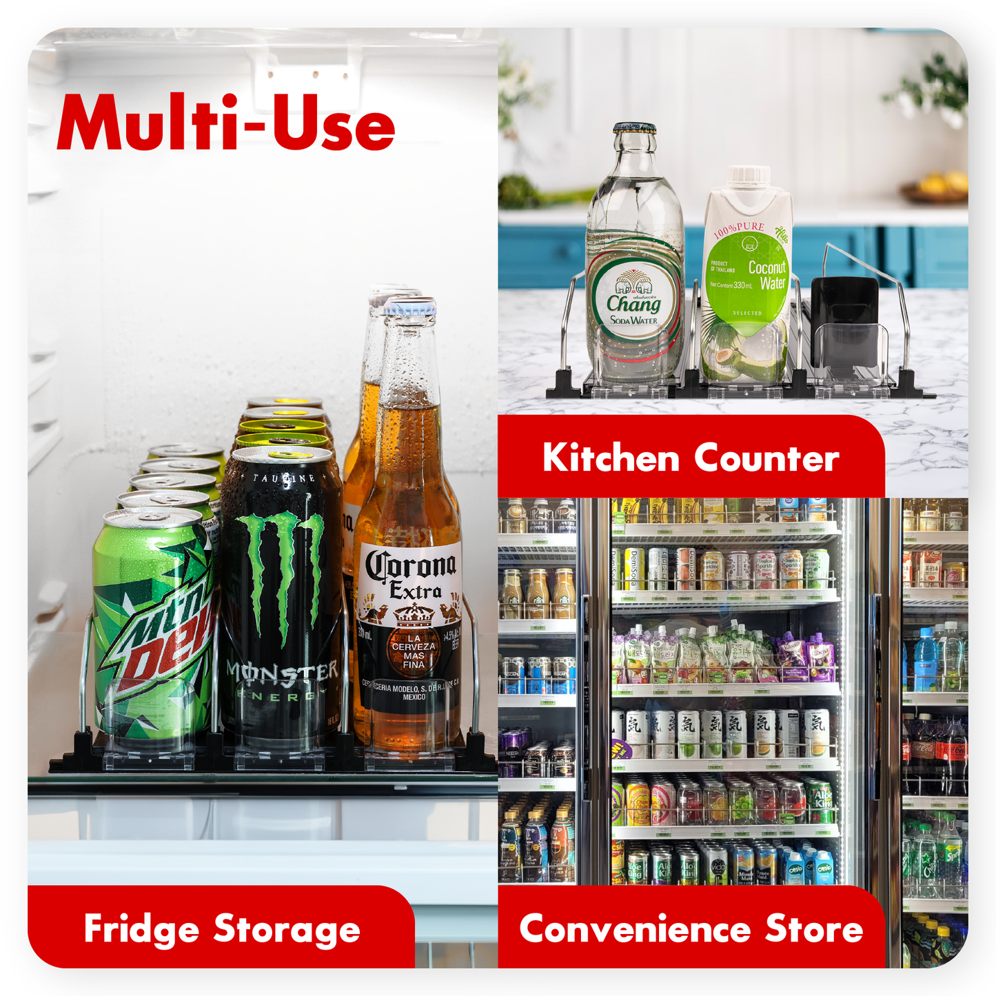 a collage of a refrigerator with bottles of beverage with text: 'Multi-Use 100%PURE Coconut Content 330ml Water Chang SODA WATER SELECTED Kitchen Counter Extra LA MONSTER FINA ECERIA MODELO, S. DE MEXICO SP Fridge Storage Convenience Store'