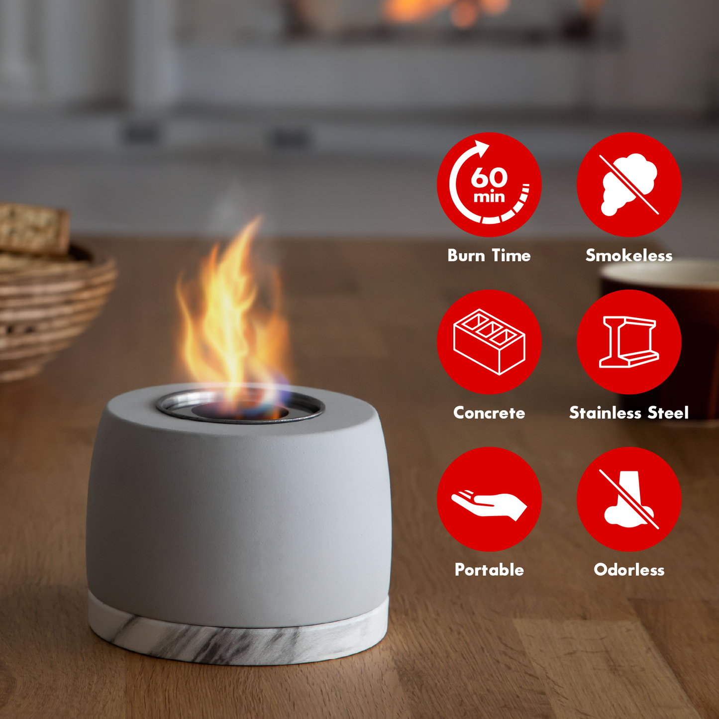 product features: 60 min burn time, smokeless, concrete, stainless steel, portable, odorless