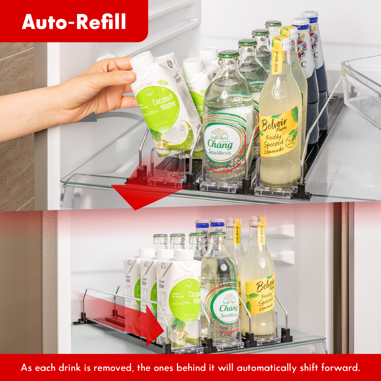 a hand holding a bottle of juice with text: 'Auto-Refill 100% 00%PURE Coconut 330ml Water No SELECTED Belvoir Farm Chang Freshly SODA WATER Squeezed Lemonade 100% 100% Natural Wate 100% PR Nat Cocon Net Content 330 ml Wate Freshly Chang SELECTED SODA WATER As each drink is removed, the ones behind it will automatically shift forward.'