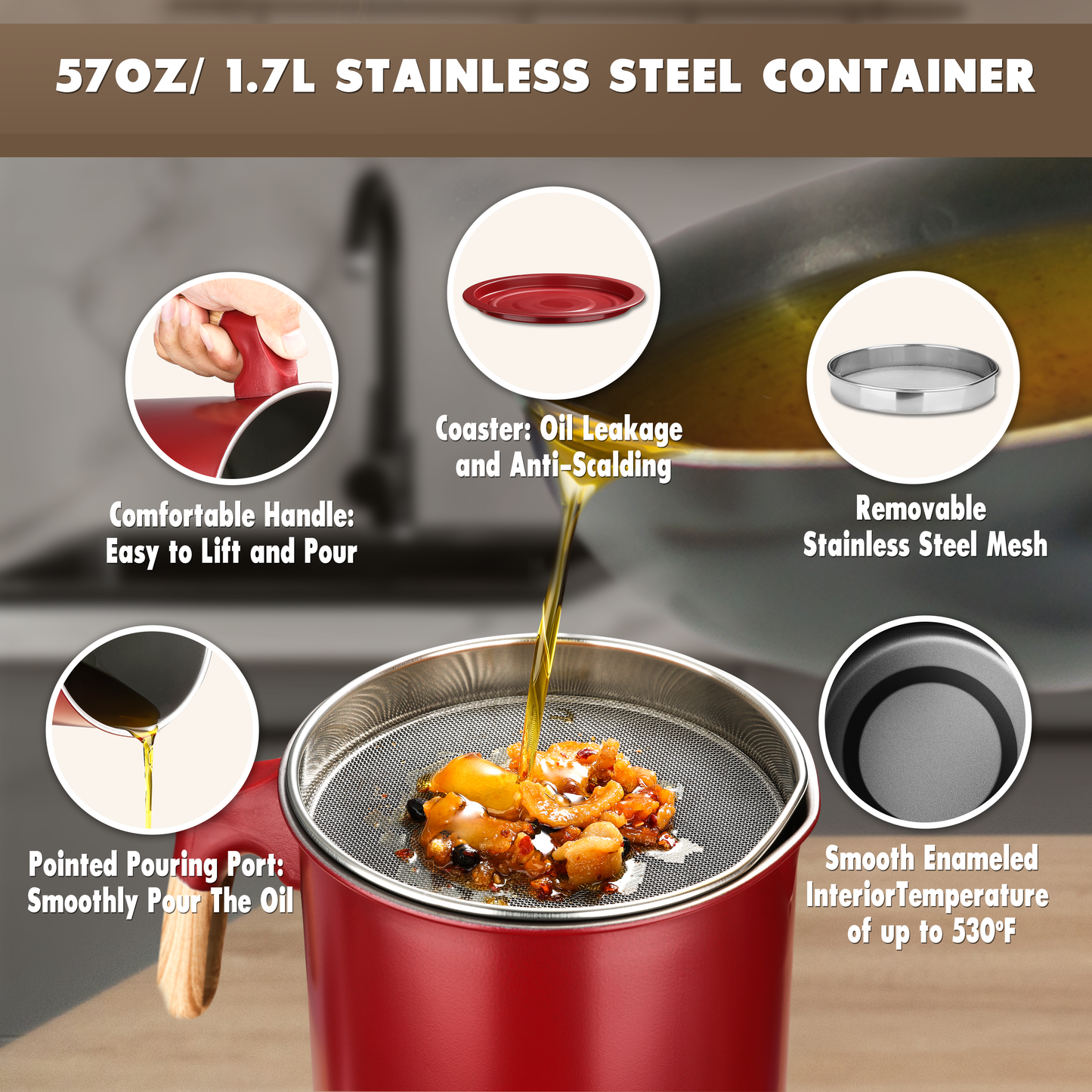 product features: painted pouring port, comfortable handle, coaster, removable stainless steel mesh, smooth enameled interior