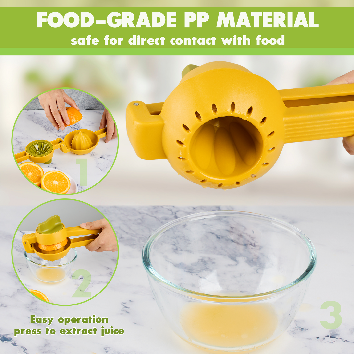 a yellow juicer with oranges and a bowl of juice with text: 'FOOD-GRADE PP MATERIAL safe for direct contact with food 3 Easy operation press to extract juice'