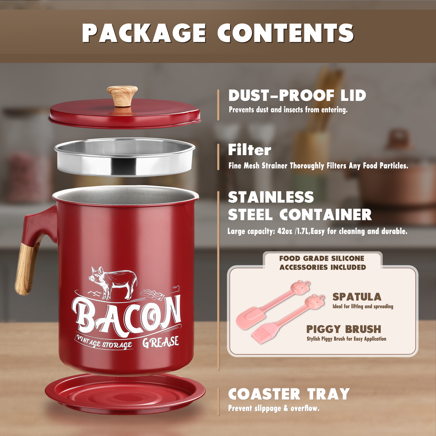 package content: dust proof lid, filter, stainless steel container, coaster tray, spatula, brush