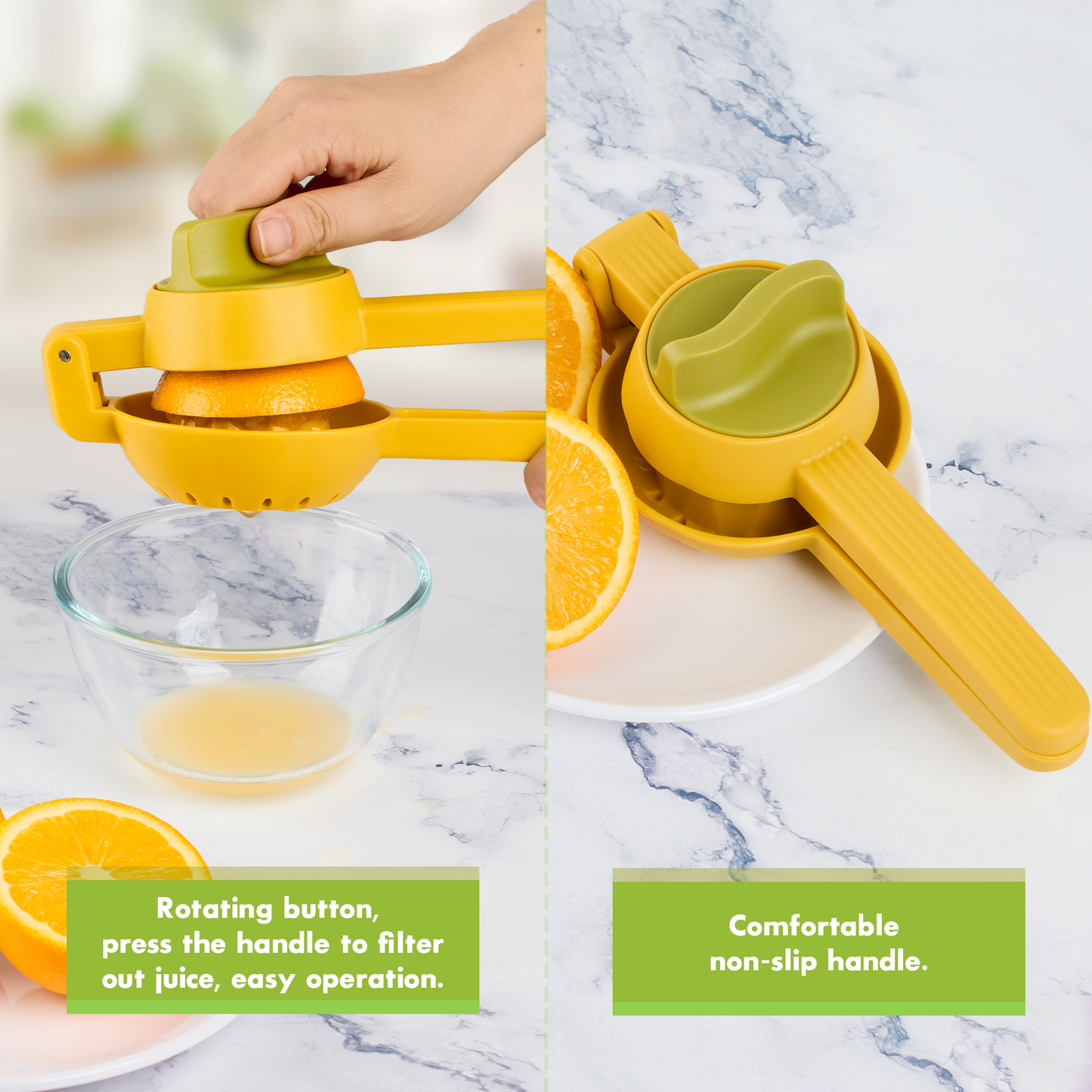 a hand squeezing an orange juicer with text: 'Rotating button, press the handle to filter Comfortable out juice, easy operation. non-slip handle.'
