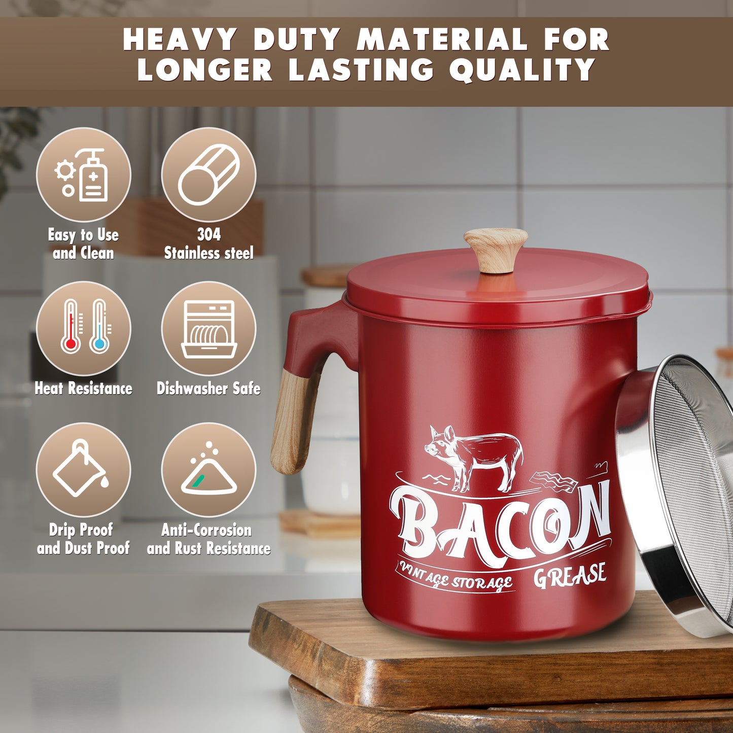 product features: easy to use and clean, 304 stainless steel, heat resistant, dishwasher safe, drip and dust proof, anti corrosion and rust resistant
