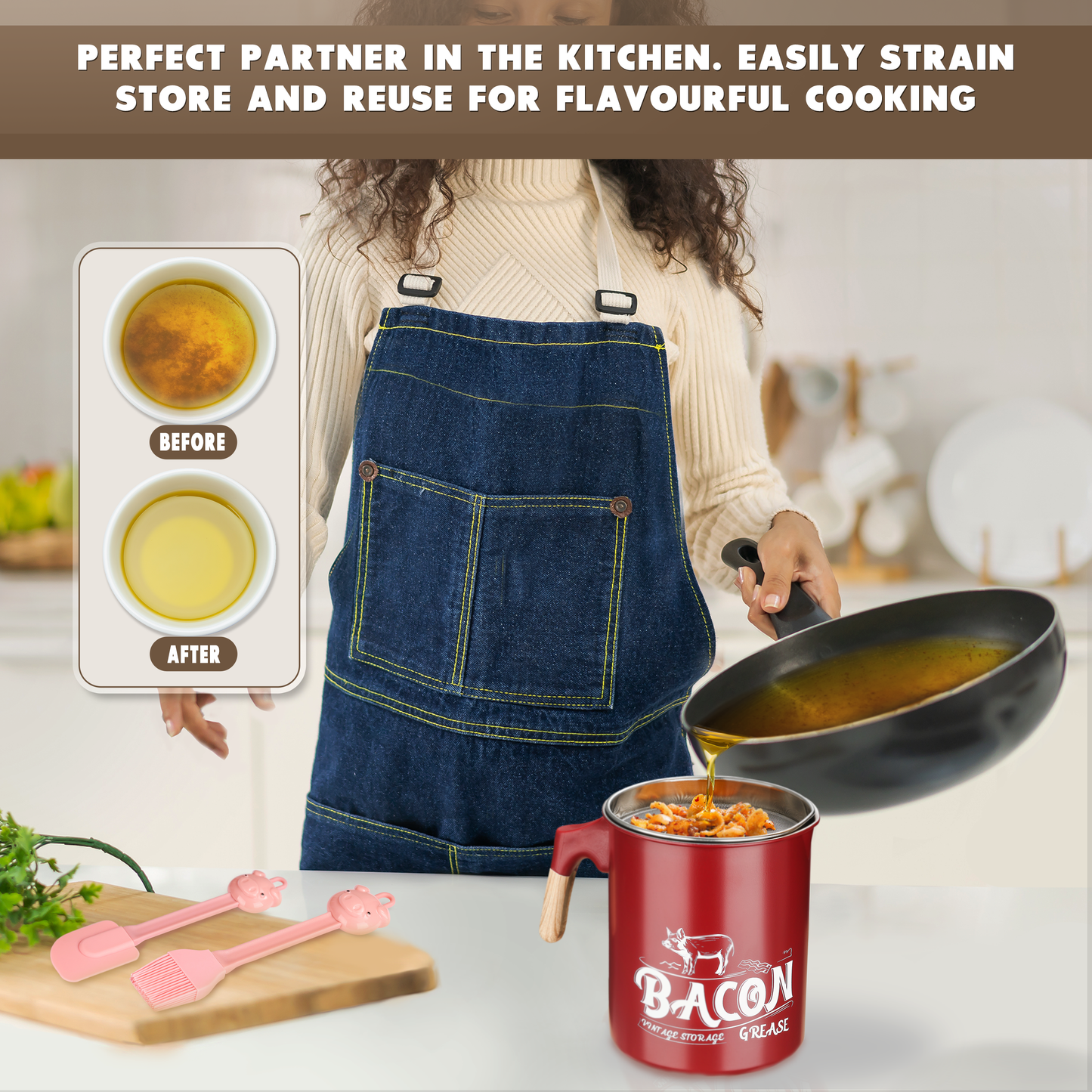 lady in navy apron pouring grease from pan to grease container