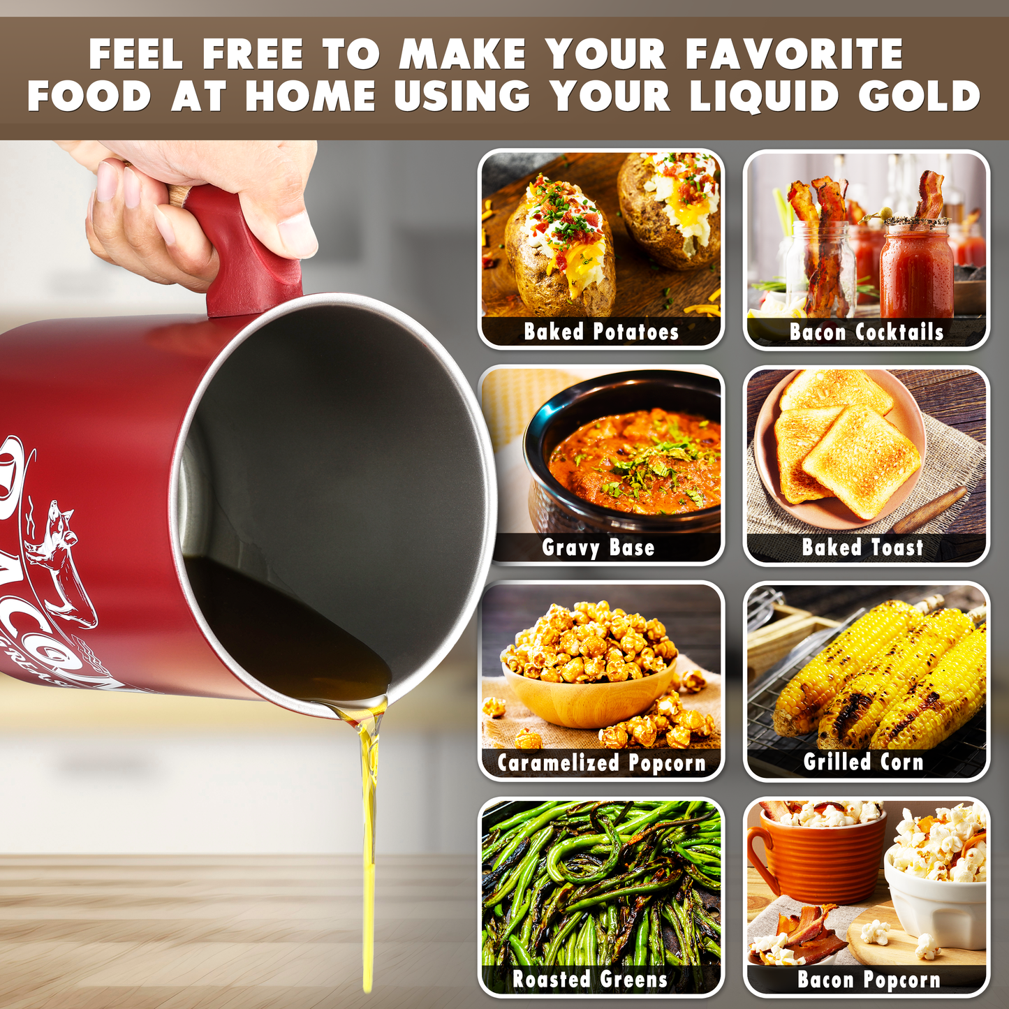 hand pouring grease out of container, different types of dishes that uses bacon grease