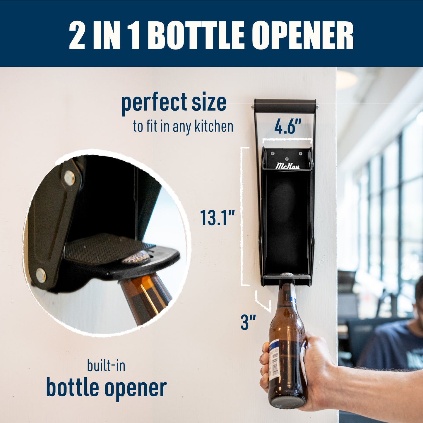 zoom in of bottle opener on black can crusher, size of can crusher: 4.6"x13.1"x3", text: 2 in 1 bottle opener