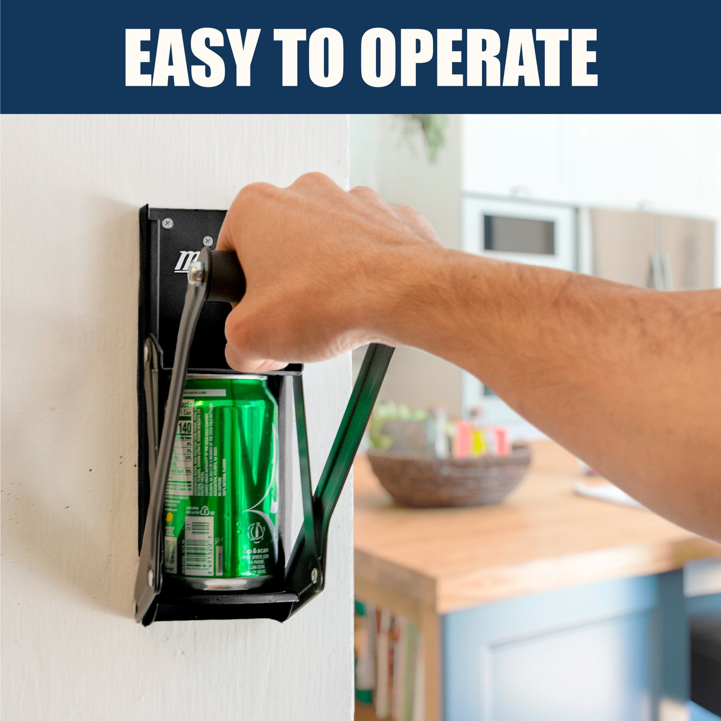 man holding black can crusher handle, ready to crush green soda can, text: easy to operate