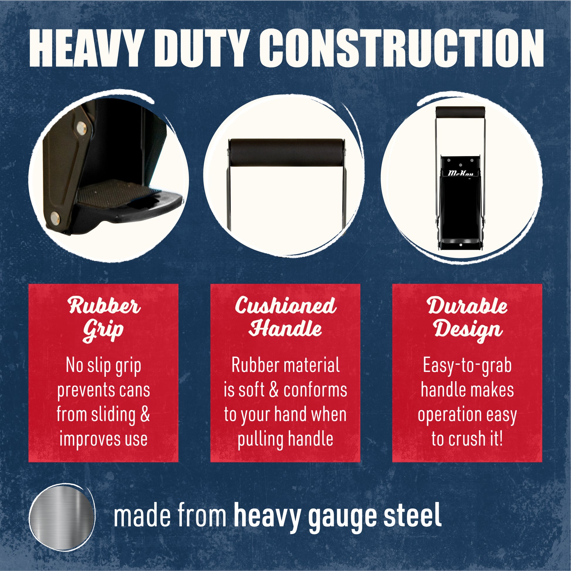 product features: rubber grip, cushioned handle, durable design, made from heavy gauge steel