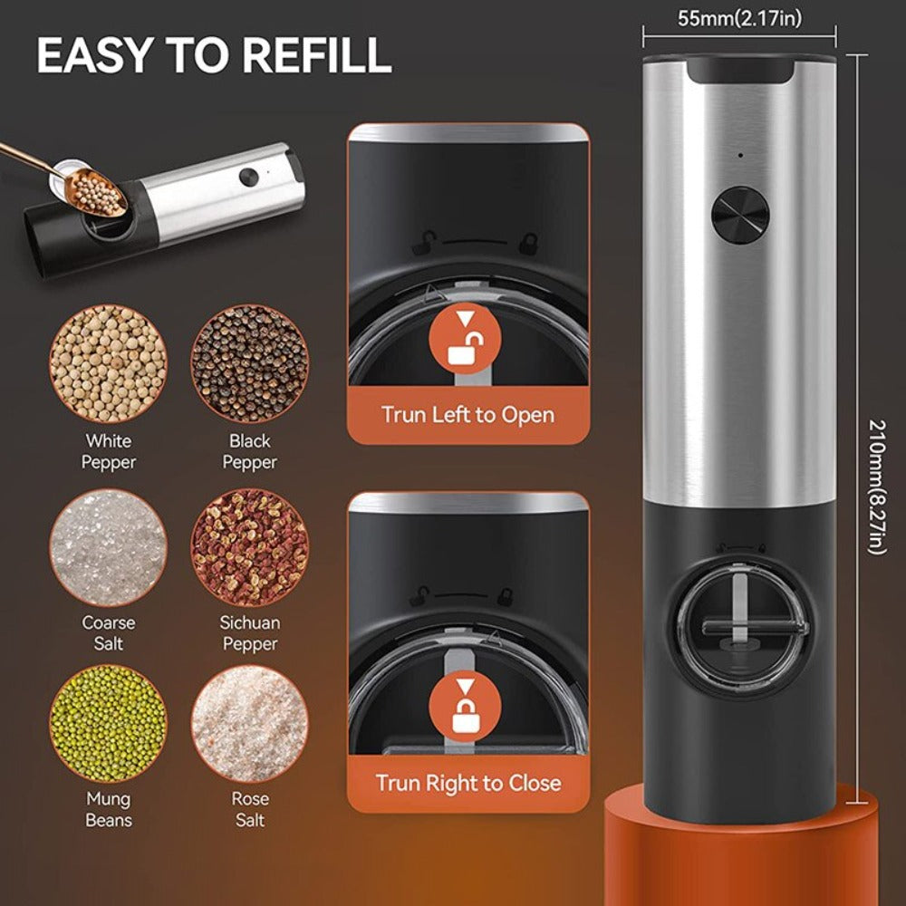 a close-up of a machine with text: '55mm(2.17in) EASY TO REFILL Trun Left to Open 210mm(8.27in) White Black Pepper Pepper Coarse Sichuan Salt Pepper C Trun Right to Close Mung Rose Beans Salt'