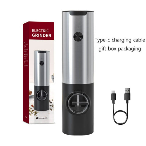 a black and silver grinder with a box and a cable with text: 'ELECTRIC GRINDER Type-c charging cable gift box packaging'