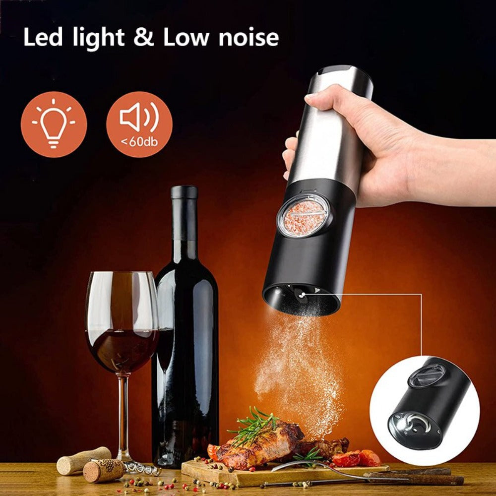 a hand holding a salt grinder over food with text: 'Led light & Low noise <60db'