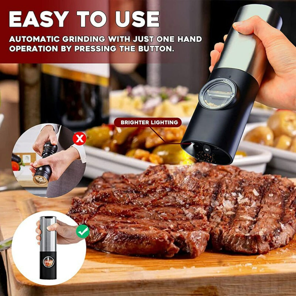a hand holding a pepper grinder over a steak with text: 'EASY TO USE AUTOMATIC GRINDING WITH JUST ONE HAND OPERATION BY PRESSING THE BUTTON. BRIGHTER LIGHTING X'