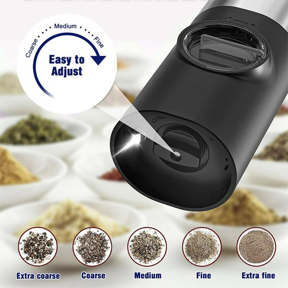 a close-up of a pepper grinder with text: '. Medium Coarse Easy to Adjust Extra coarse Coarse Medium Fine Extra fine'