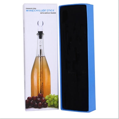 a blue box with a bottle of wine with text: 'WINE CHILLER STICK WITH'