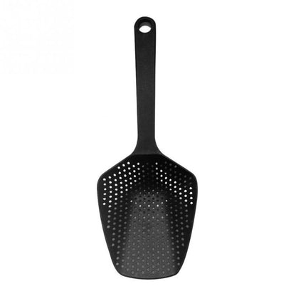 a black plastic spoon with holes