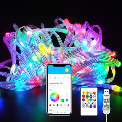 a phone and a string of lights with text: 'Global brightness 27% Color 1 A ell ya R 255 255 PEE OD DIY Fade Deselect All'