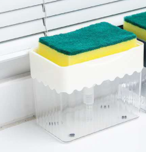 a plastic container with a green sponge on top