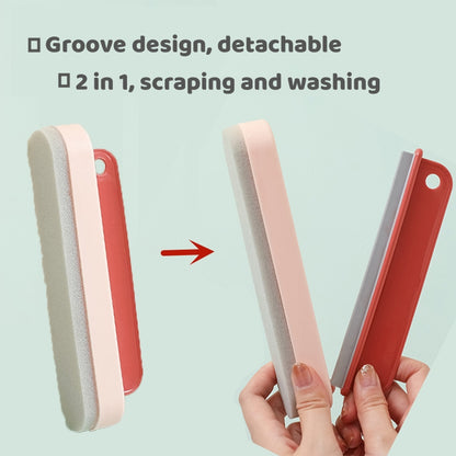 a hand holding a pink and grey rectangular object with text: 'Groove design, detachable 2 in 1, scraping and washing'