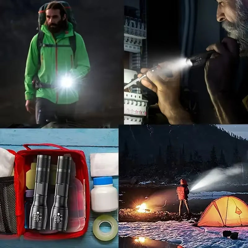 a collage of a person with a flashlight