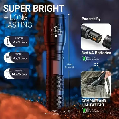 a black flashlight with text and images with text: 'SUPER BRIGHT + LONG Powered By LASTING X1000 LENGTH : 3xAAA Batteries WIDTH : 3CM/1.2INCH Batteries Not include 14cm (5.5inch) HEIGHT : 14CM/5.5INCH COMPACT AND LIGHTWEIGHT, 3cm (1.2inch)'