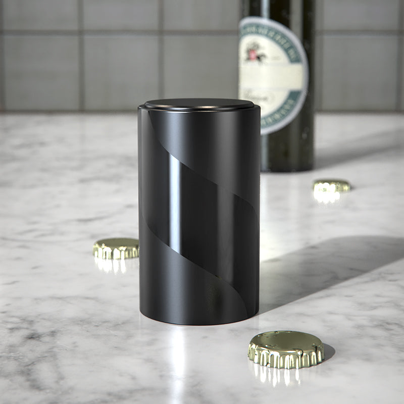 a black cylinder on a marble surface