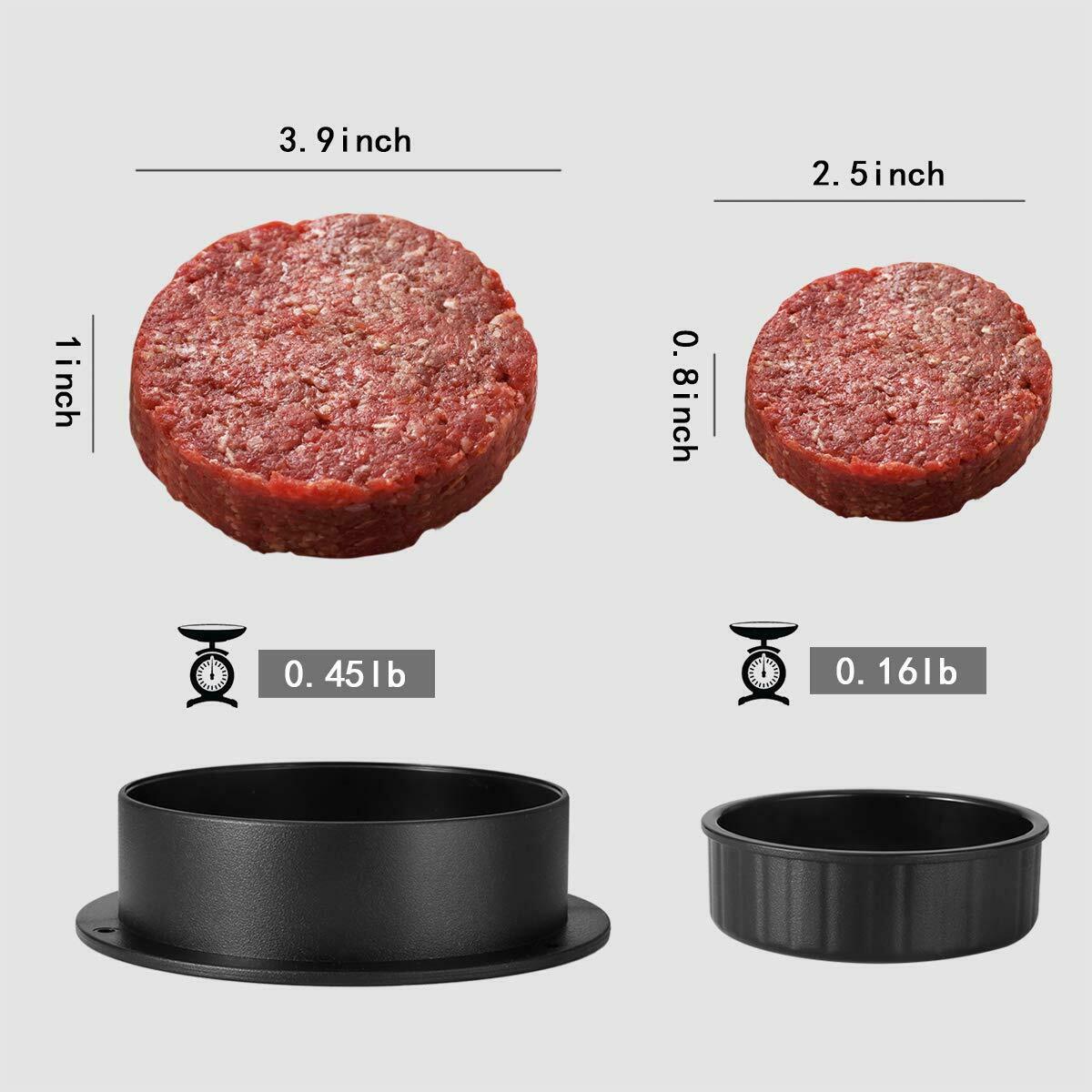 a hamburger pattie with measuring sizes with text: '3.9inch 2. 5inch 0. 8inch 1inch 0. b 0.'