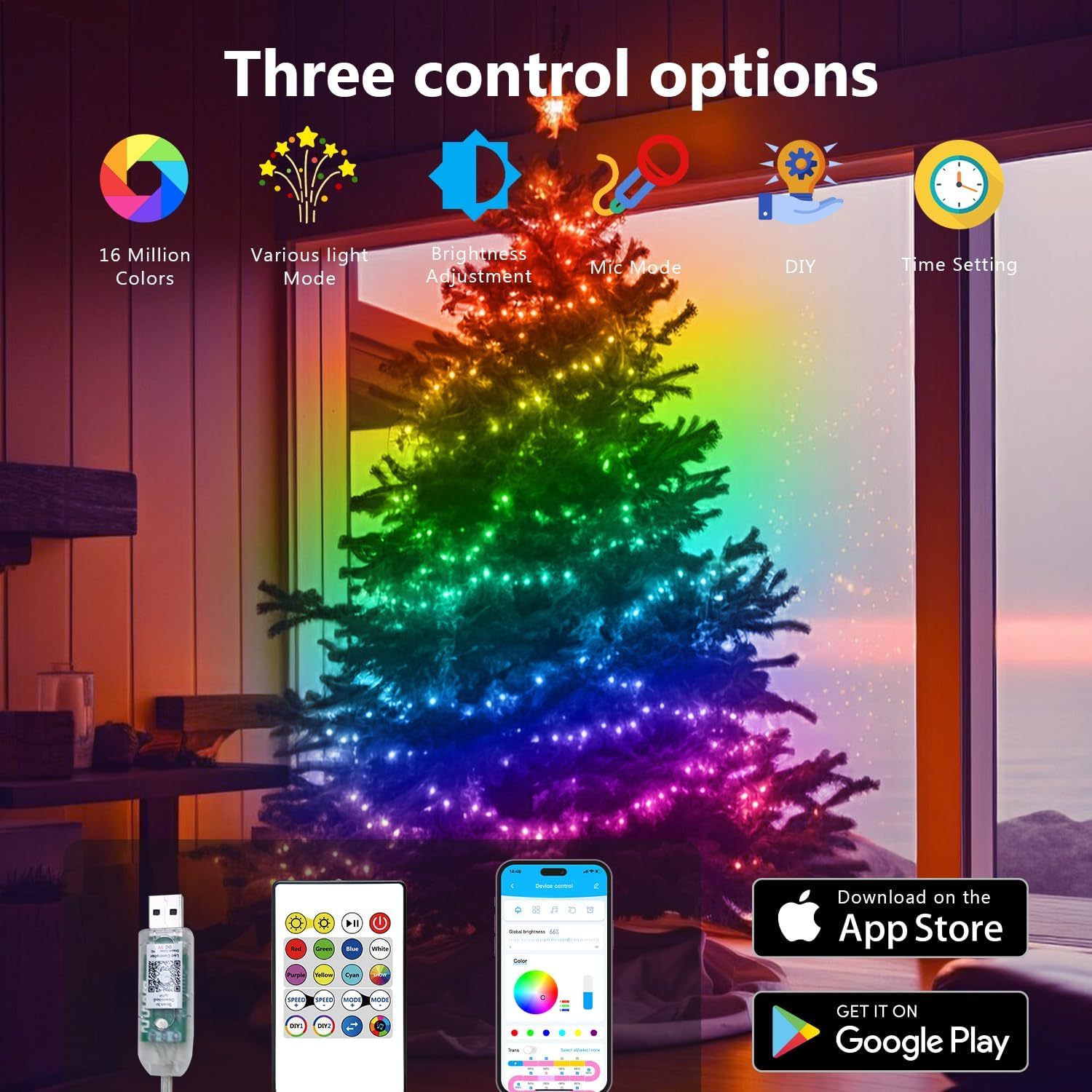 a christmas tree with lights with text: 'Three control options 16 Million Various light Brightness Colors Mode Adjustment DIY Setting Download on the 88 App Store 66% Blue Color ello Cya MOD GET IT ON DIY Google Play'