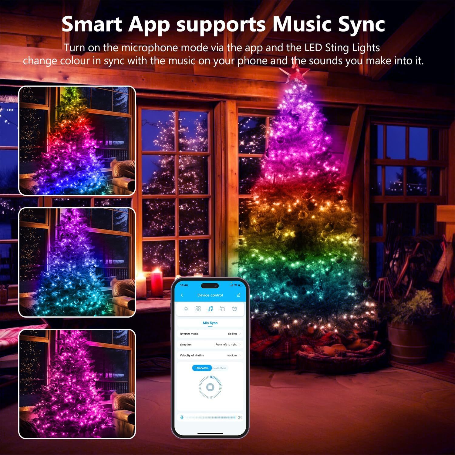 a screenshot of a smart app with text: 'Smart App supports Music Sync Turn on the microphone mode via the app and the LED Sting Lights change colour in sync with the music on your phone and the sounds you make into it. 14:46 K Device control Mic Sync Rhythm mode Rolling From left to right Velocity of rhythm medium'