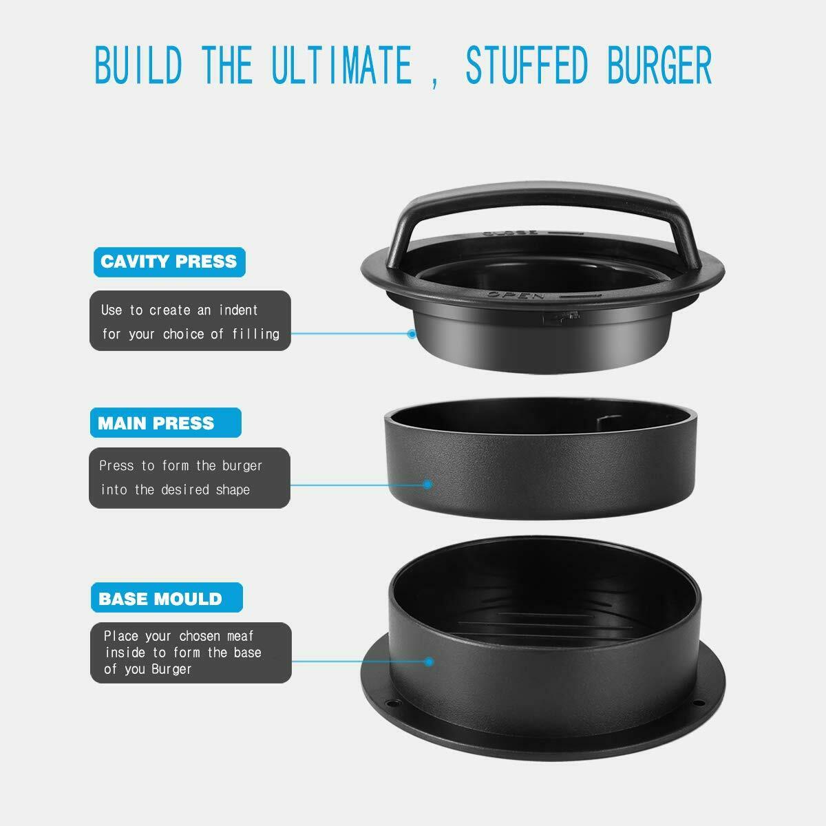 a black round container with a black handle with text: 'BUILD THE ULTIMATE , STUFFED BURGER CAVITY PRESS Use to create an indent for your choice of filling MAIN PRESS Press to form the burger into the desired shape BASE MOULD Place your chosen meaf inside to form the base of you Burger'