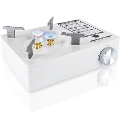 white camping stove with silver dial knob 