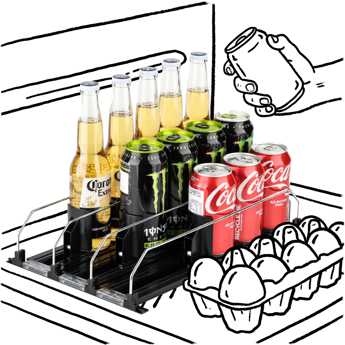 black drink organizer with black line illustration of inside fridge with person's hand grabbing a soda can