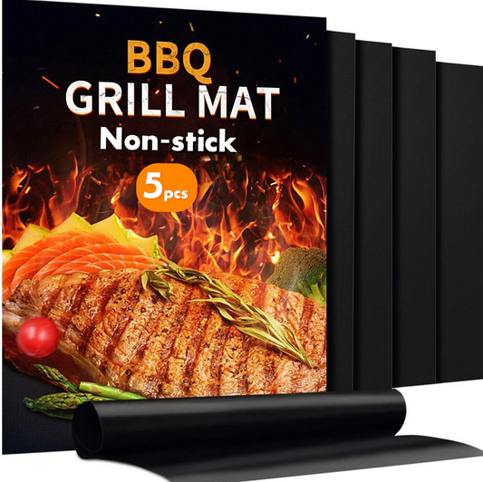 a black cover with a picture of a meat on it with text: 'BBQ GRILL MAT Non-stick 5'