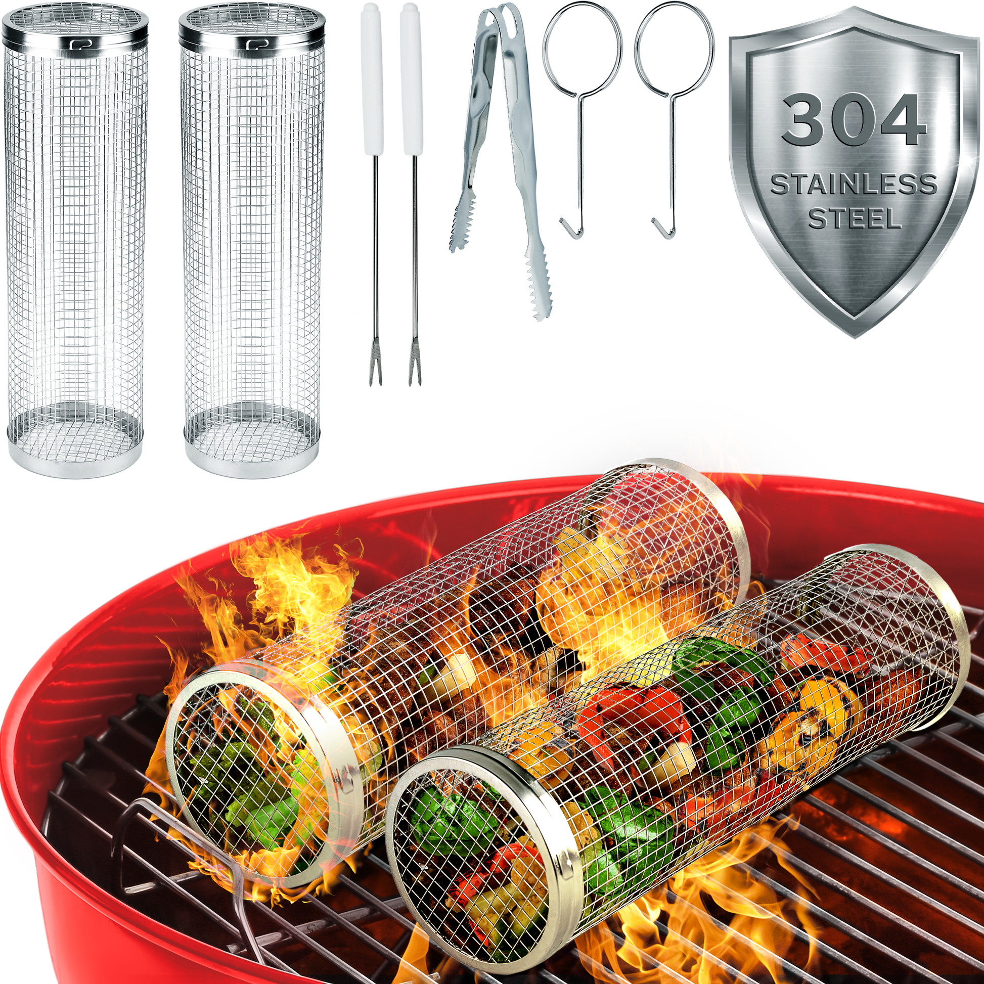 2 rolling bbq basket on top of red grill, featuring included forks, tongs, hooks, stainless steel shield label 